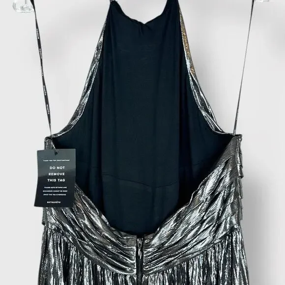$798 Retrofete Reiss Dress Silver Lame Pleated Halter Cape Designer Dress XL